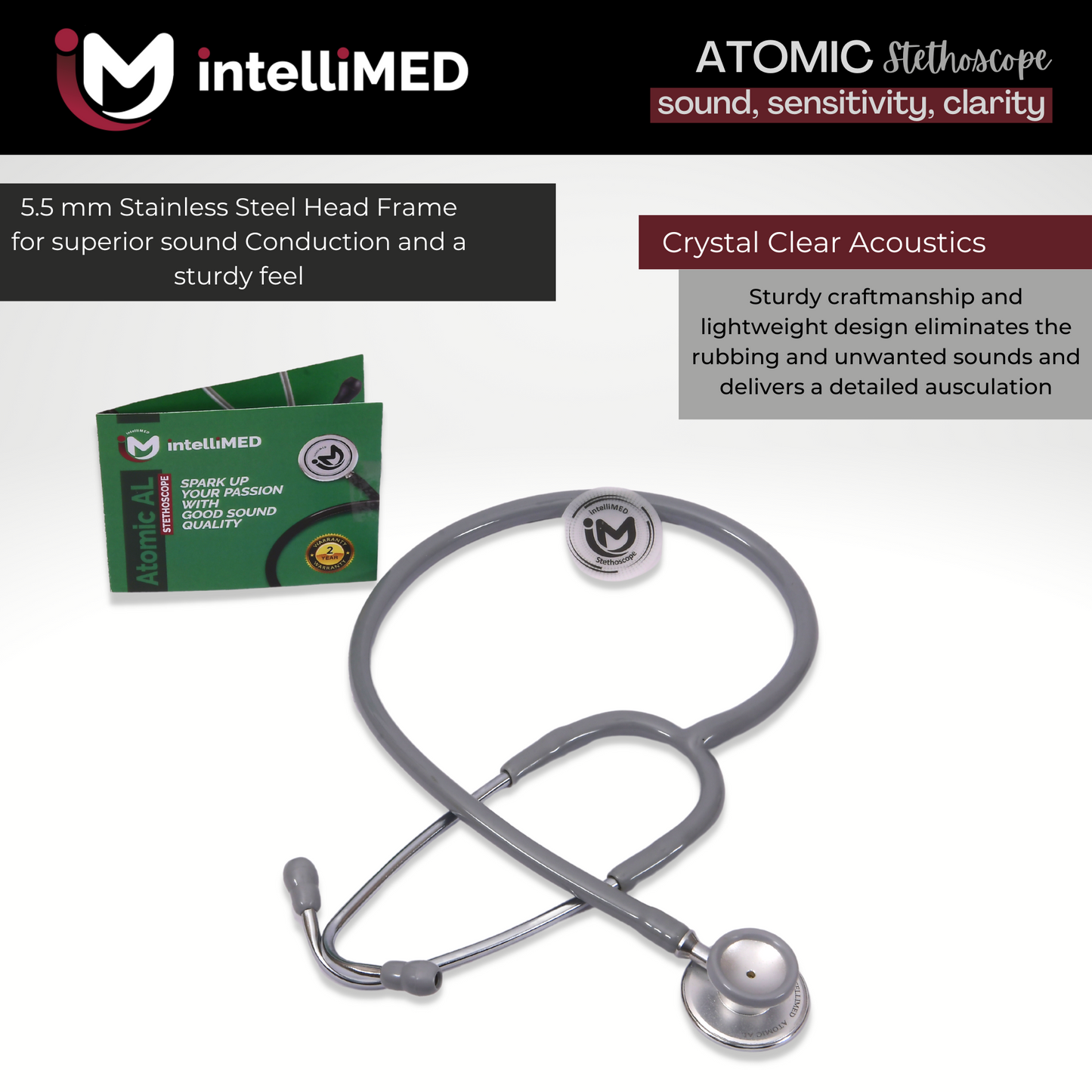 intelliMED Atomic A.L. Stethoscope with Optimal Sound Amplification , 1 Year Warranty