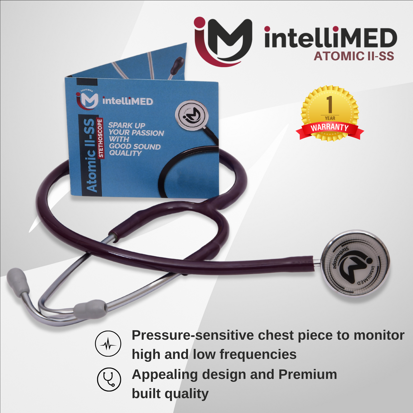 intelliMED Atomic II-SS Stethoscope, Dual head Stainless Steel Stethoscope with enhanced acoustic Clarity, 1 Year Warranty