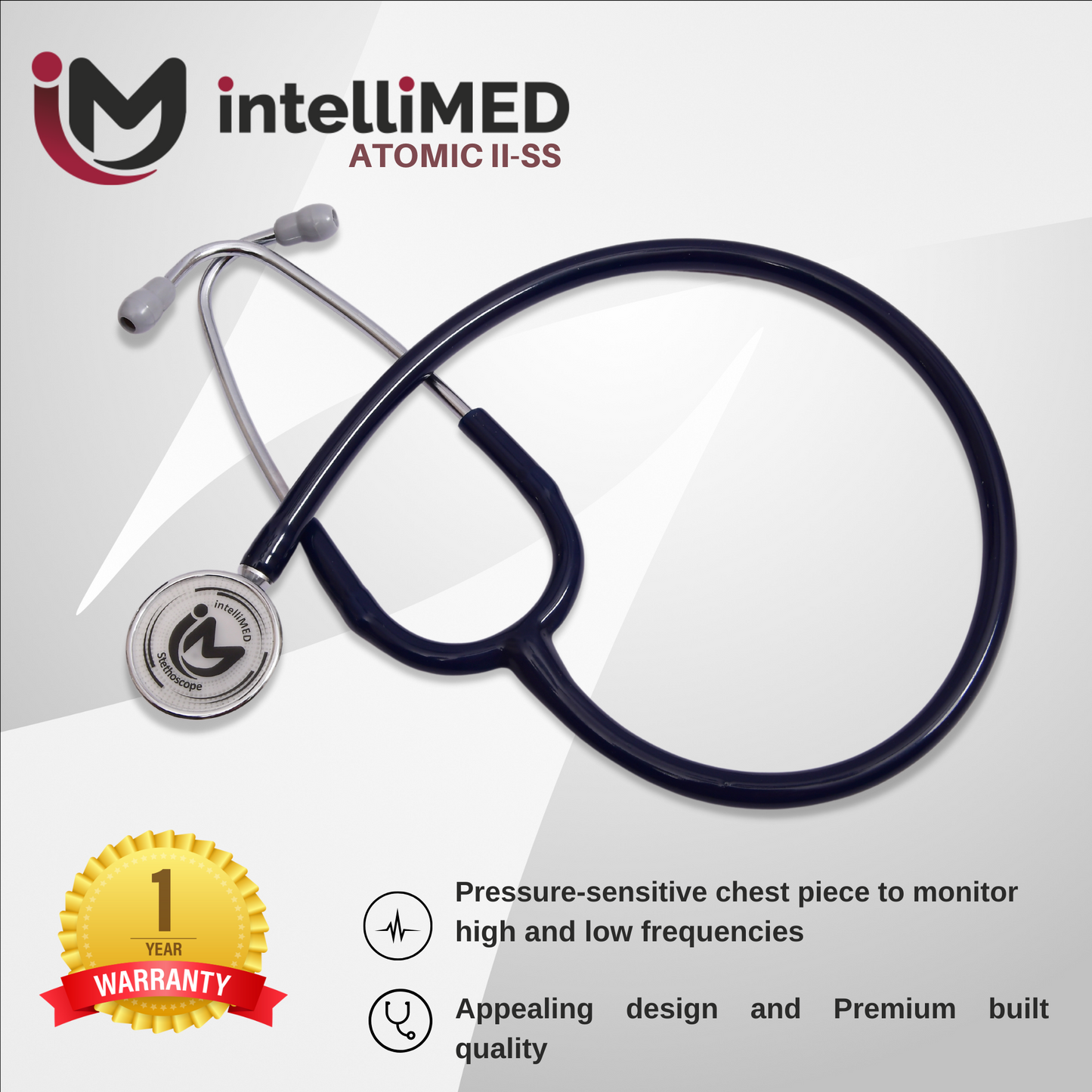 intelliMED Atomic II-SS Stethoscope, Dual head Stainless Steel Stethoscope with enhanced acoustic Clarity, 1 Year Warranty
