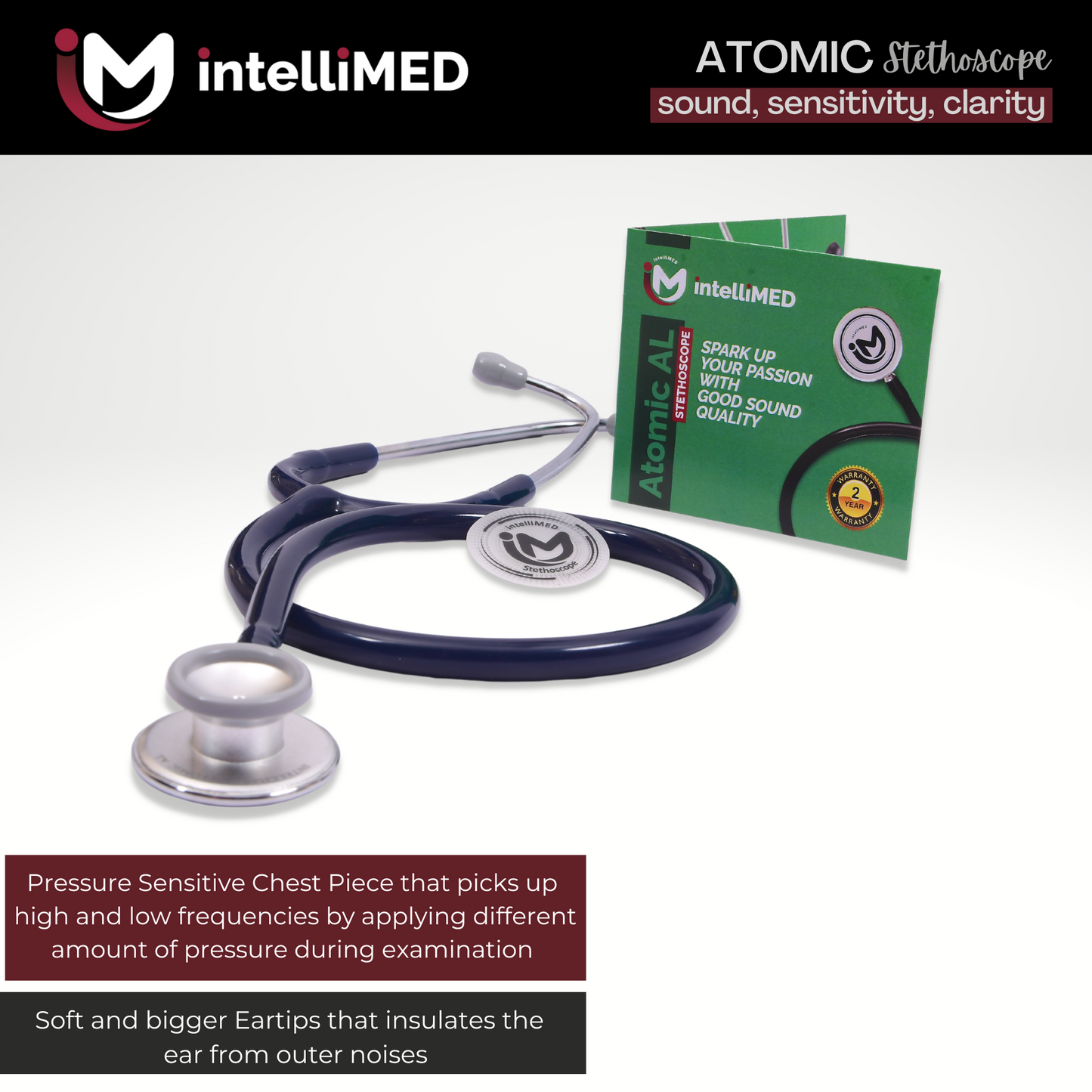 intelliMED Atomic A.L. Stethoscope with Optimal Sound Amplification , 1 Year Warranty