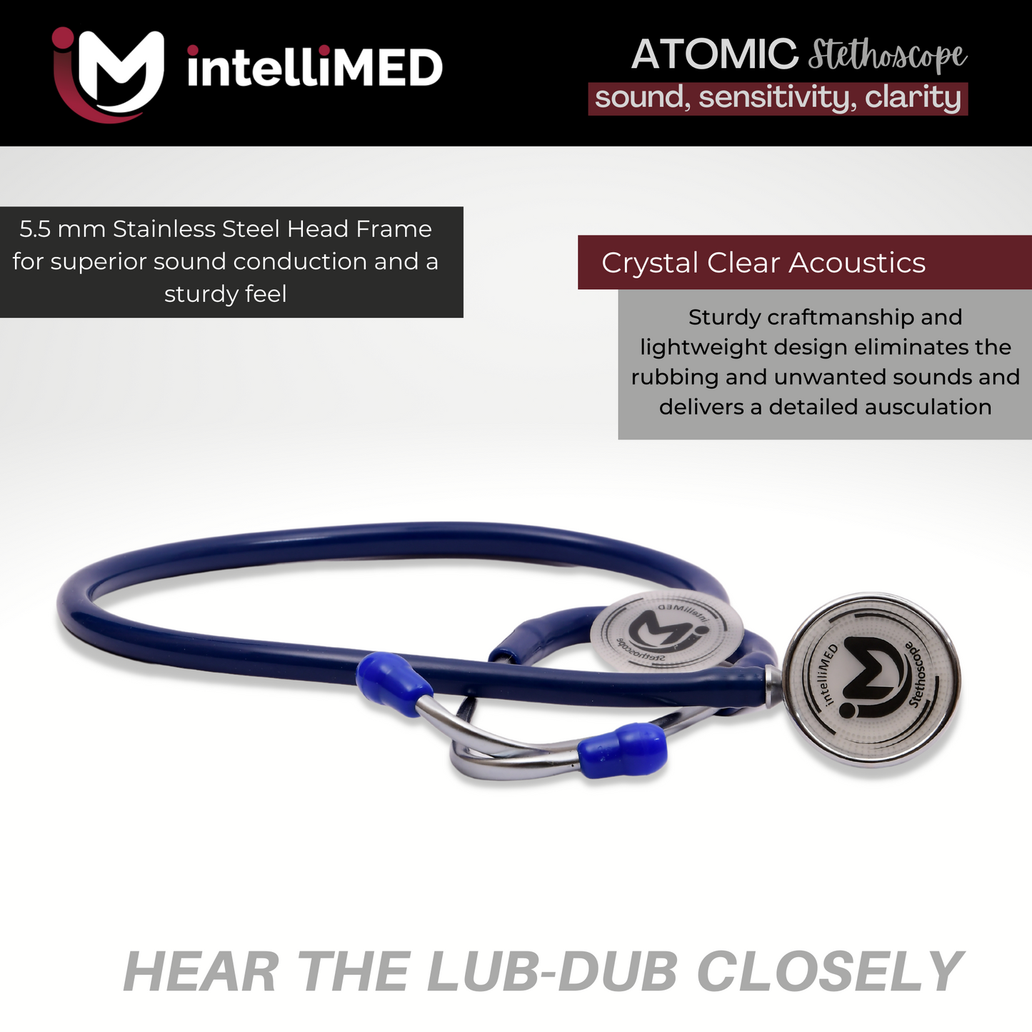 intelliMED Atomic A.L. Stethoscope with Optimal Sound Amplification , 1 Year Warranty