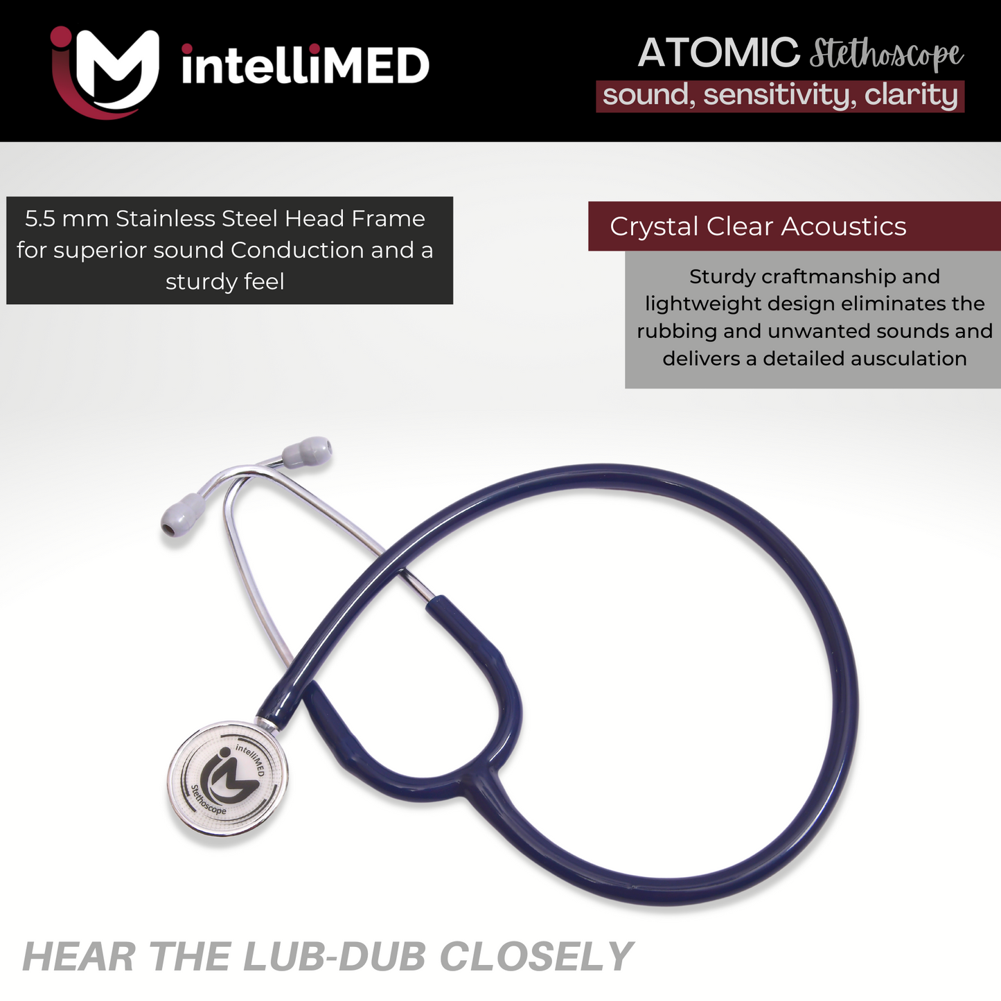 intelliMED Atomic A.L. Stethoscope with Optimal Sound Amplification , 1 Year Warranty