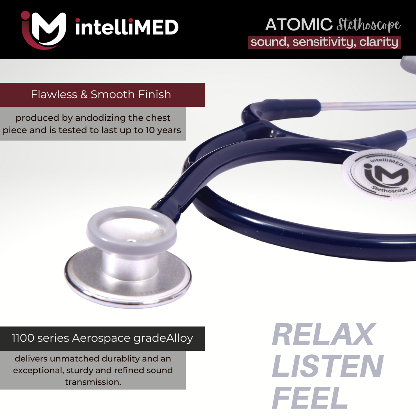 intelliMED Atomic A.L. Stethoscope with Optimal Sound Amplification , 1 Year Warranty