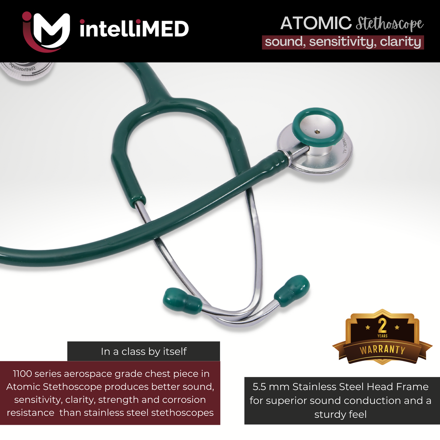 intelliMED Atomic A.L. Stethoscope with Optimal Sound Amplification , 1 Year Warranty
