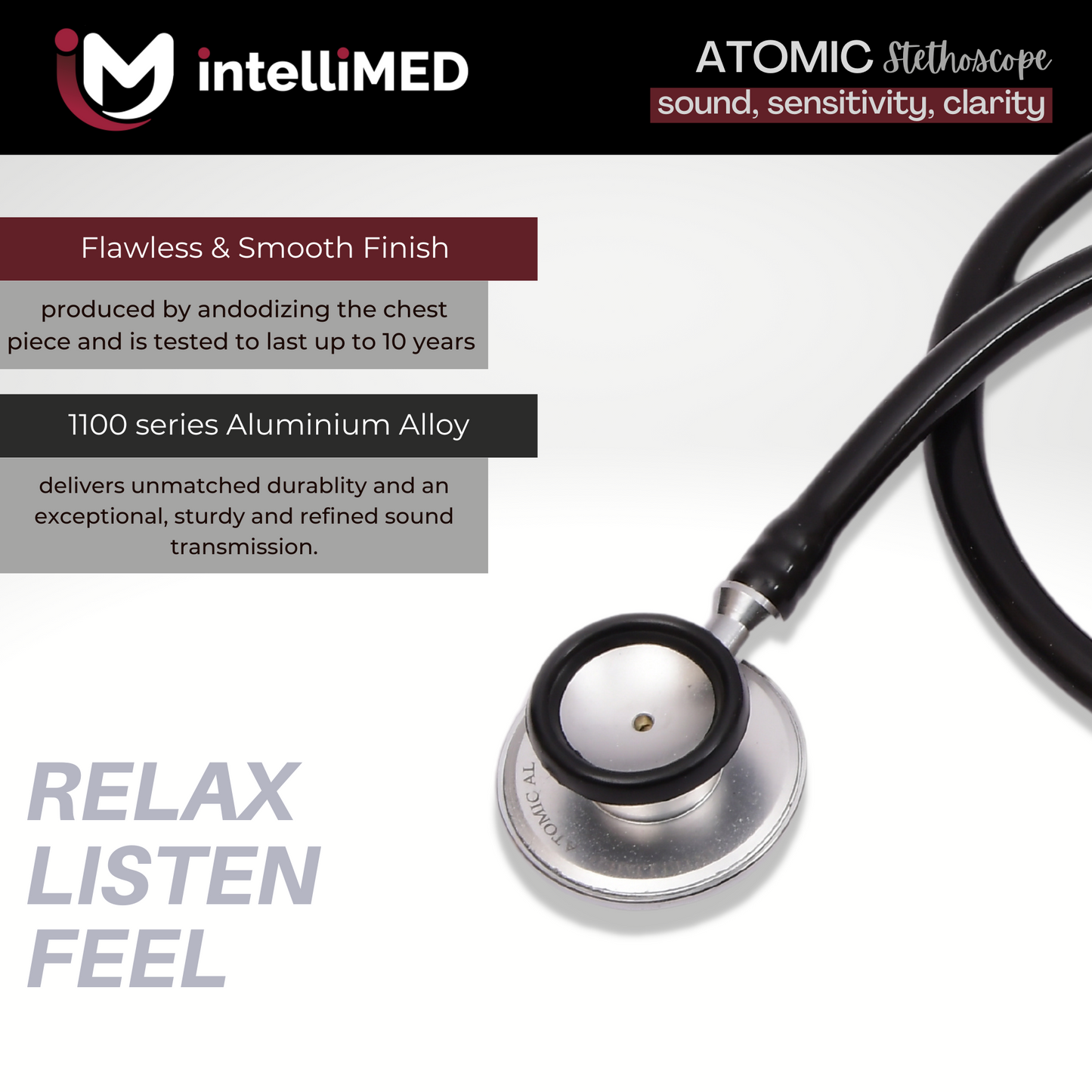 intelliMED Atomic A.L. Stethoscope with Optimal Sound Amplification , 1 Year Warranty