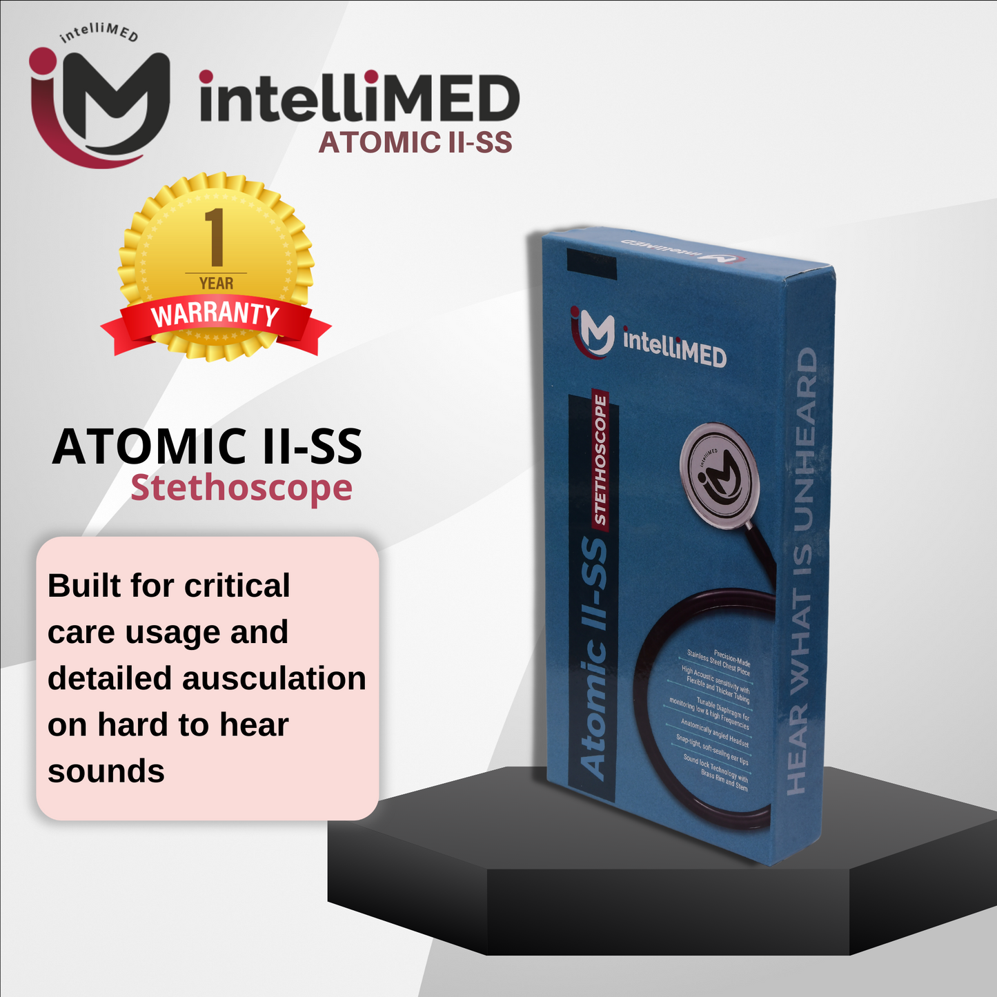 intelliMED Atomic II-SS Stethoscope, Dual head Stainless Steel Stethoscope with enhanced acoustic Clarity, 1 Year Warranty