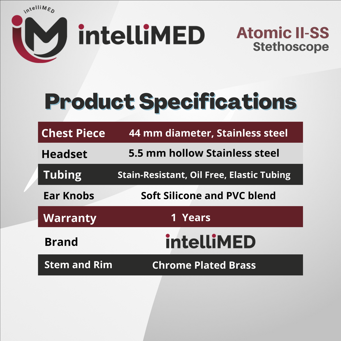 intelliMED Atomic II-SS Stethoscope, Dual head Stainless Steel Stethoscope with enhanced acoustic Clarity, 1 Year Warranty