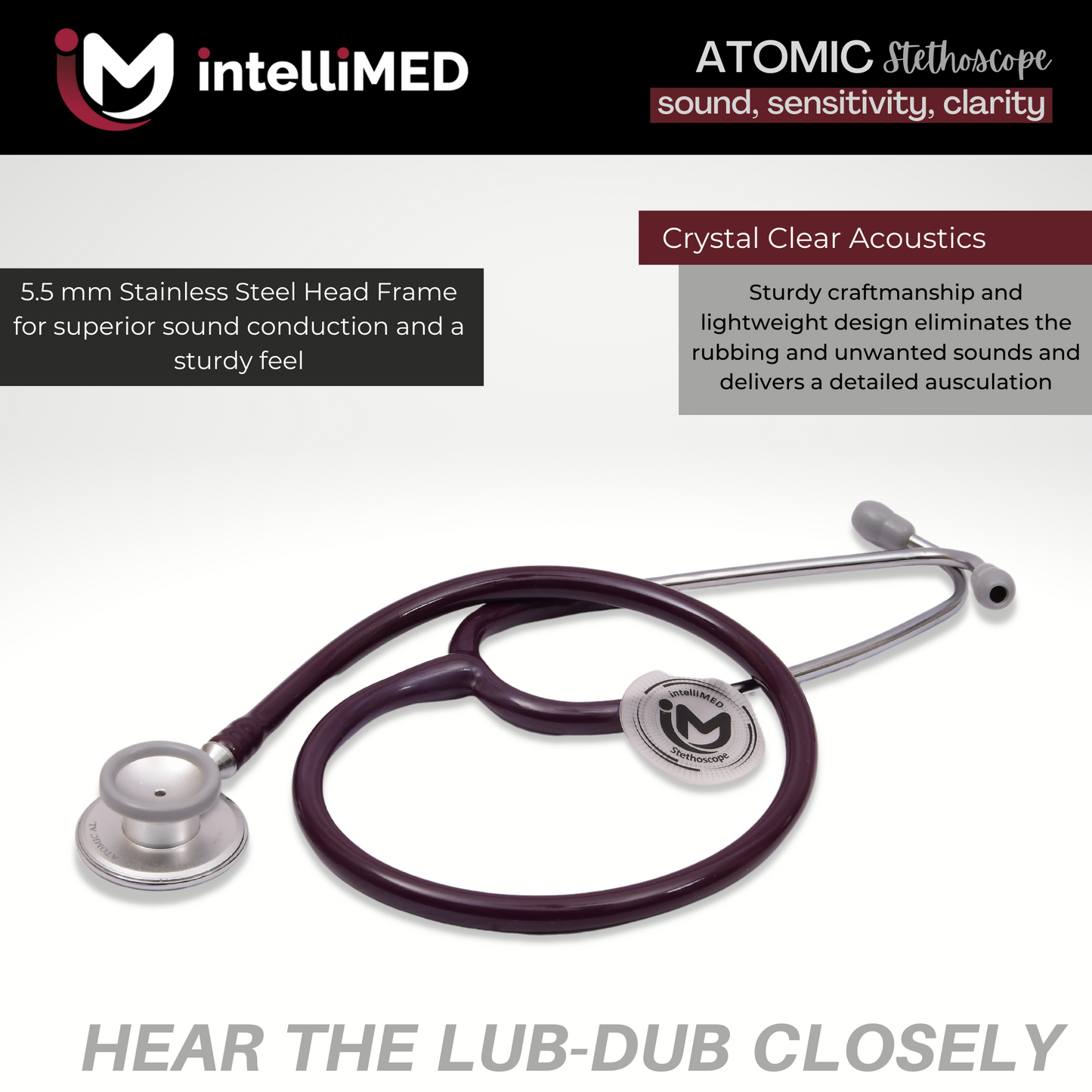 intelliMED Atomic A.L. Stethoscope with Optimal Sound Amplification , 1 Year Warranty